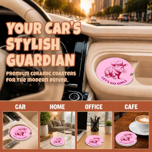 Pink Western Capybara Car Coasters, Let's Go Girls Coquette Cup Holders, 08 - color: Pink Capybara