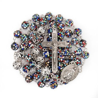 Nazareth Store Rhinestones Crystal Beads Rosary, Catholic Rosary Necklace with Silver Miraculous Medal INRI Crucifix, Multicolor Rosaries in a Gift Case - color: Colorful with Metal Beads