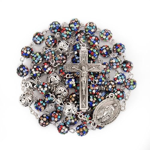 Nazareth Store Rhinestones Crystal Beads Rosary, Catholic Rosary Necklace with Silver Miraculous Medal INRI Crucifix, Multicolor Rosaries in a Gift Case - color: Colorful with Metal Beads