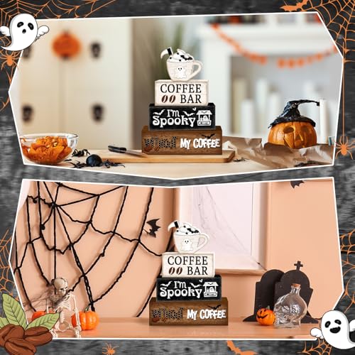 Britimes Ghost Halloween Tiered Tray Decor Set, 4 Pack, Wooden Table Sign - style: Ghost Coffee Cup