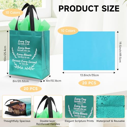 LUAVIARU 40 Pcs Bible Verse Christian Gift Bags Set – 20 Lake Blue Reusable Gift Bag with Handles & 20 Tissue Paper, Religious Gift Bag for Church Events, Baptism, Easter, Communion, Congratulations - color: Lake Blue, size: 20