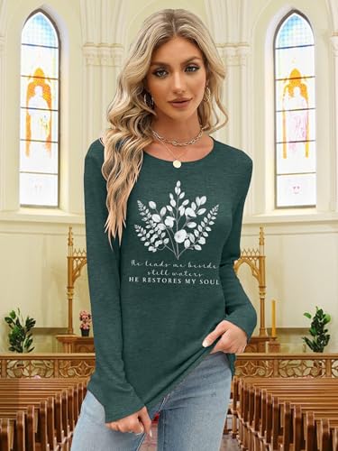 Christian Shirts for Women: Faith Over Fear T Shirt Religious Graphic Tee Bibel Verse Long Sleeve Tops - color: Green, size: X-Large