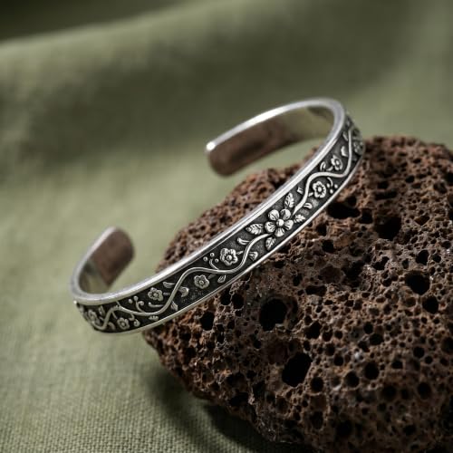 Stainless Steel Vintage Floral Open Cuff Bracelet for Women