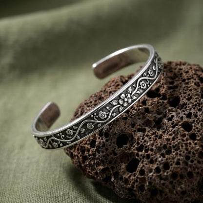 Stainless Steel Vintage Floral Open Cuff Bracelet for Women