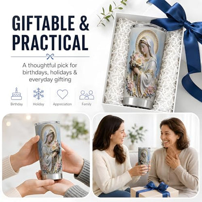 Virgin Mary Floral Bouquet Art 20oz Tumbler, Virgin Mary Tumbler for Daily Drinkware, Blue Halo Statue Illustration, Catholic Devotional Cup, Religious Design for Women Men Church Use - color: Virgin Mary 4