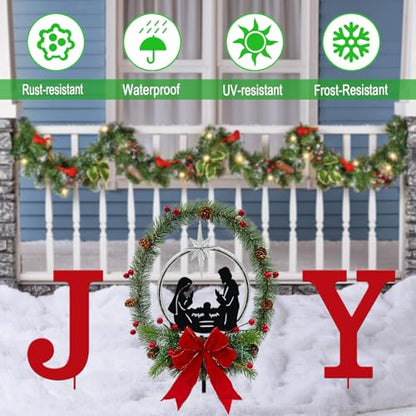 3Pack Solar Lights Christmas Joy Sign,Metal Nativity Scene Outdoor Garden - color: Red-joy