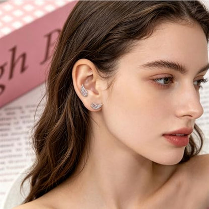 Angel Wing Earrings for Women Statement Flat Back Cartilage Stud Earrings Trendy Angel Wing Helix Piercing Stud Silver Cubic Zirconia Earring Jewelry Accessories - color: Hot Pink