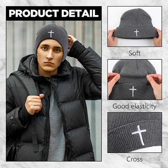 Unisex Stretch Warm Winter Skull Cap, Cold Weather Knit Beanie - color: Grey - 3d Cross Embroidery