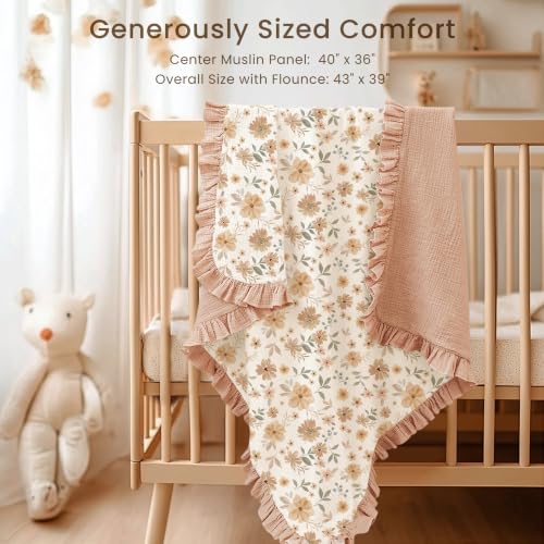 Konssy 100% Cotton Muslin Baby Blanket with Ruffle Trim for Girls, 43"x39" - color: Flourish
