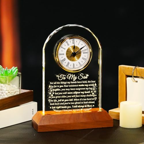 Arikyrist Glass Clock Gifts for Son from Mom Dad with Wooden Light Base - color: Son
