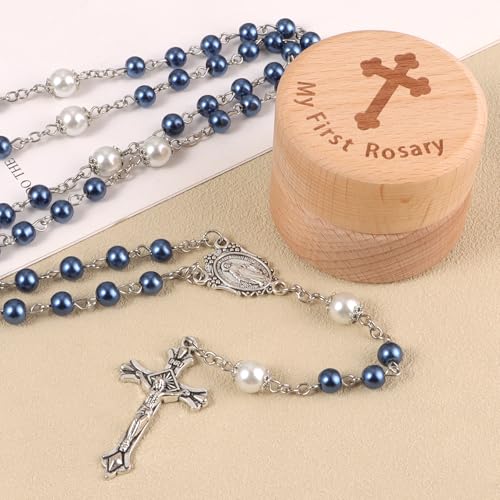 My First Rosary Baptism Gifts Rosary Catholic Keepsake Box for Baby Shower First Communion Christian Beads Gifting Set (Blue)
