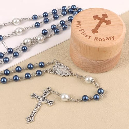 My First Rosary Baptism Gifts Rosary Catholic Keepsake Box for Baby Shower First Communion Christian Beads Gifting Set (Blue)