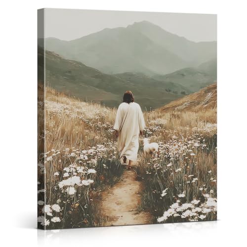 Christian Jesus and Lost Lamb Wall Art Print - Jesus the Good Shepherd Canvas Picture Painting Religious Wall Decor for Home Farmhouse Prayer Room 8x10 Framed - color: color-K
