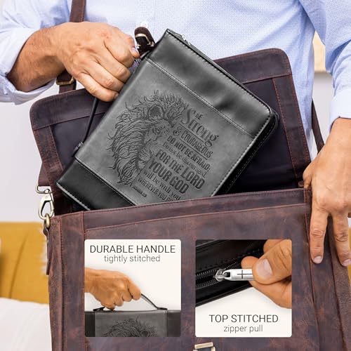 Christian Art Gifts Classic Faux Leather Bible Cover for Men and Women: Be Strong and Courageous - Joshua 1:9 Inspirational Bible Verse with Lion, Gray and Black, Large - size: Large