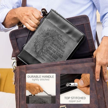 Christian Art Gifts Classic Faux Leather Bible Cover for Men and Women: Be Strong and Courageous - Joshua 1:9 Inspirational Bible Verse with Lion, Gray and Black, Large - size: Large
