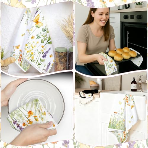 Wildflower Kitchen Towels Set of 4, Butterfly Floral Dish Towels - color: Green Floral