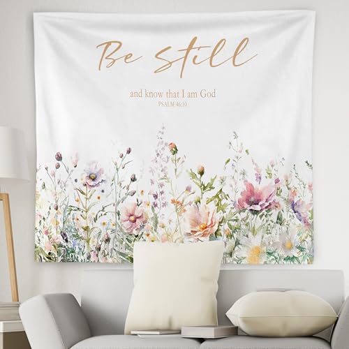 WNAGT Wildflower Christian Tapestry Wall Hanging, Bible Verse Tapestry, Be Still and Know That I Am God Scripture Religious Wall Blanket Decor for Girls Bedroom Dorm Home, 50x60 Inch - color: G