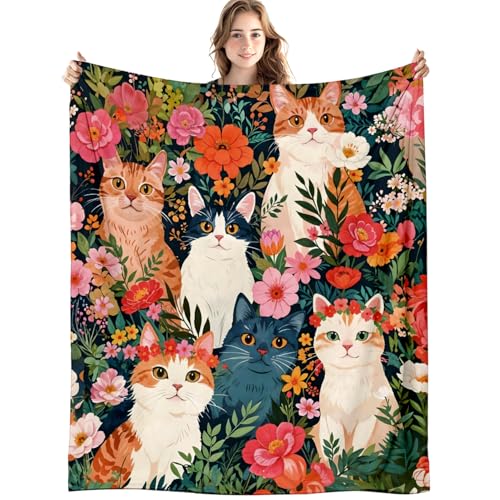 Cat Floral Blanket, Cottagecore Wildflower Flower Cats Throw Blankets for Home Bedroom Living Room Couch Bed Decor, Cat Mom Lady Lovers Gifts for Women, 50x60 Inch - color: 04-funny Black Cat(blanket-03)