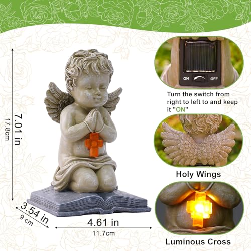 Solar Cherub Statue for Outside - Angel with Glowing LED Cross Light - color: Off-white
