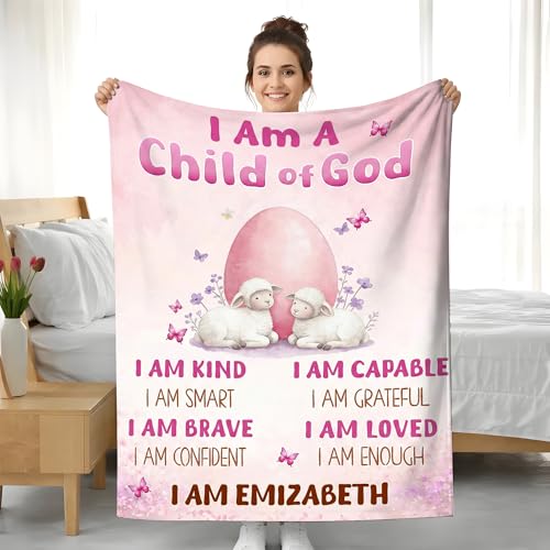 KiKiLuna Personalized Child of God Flannel Throw Blanket, 4 Background Colors, 7 Center Designs, Custom Name Christian Easter Affirmation Cozy Gift for Kids - color: Design 12