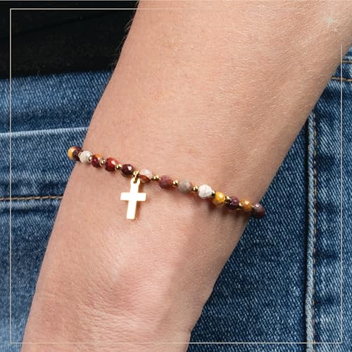Gold Cross Bracelet for Women – Christian Bracelet with Natural Stone Beads, Gold Cross Bracelet for Women, Christian Jewelry and Spiritual Gifts, Inspirational Faith Based Religious Jewelry