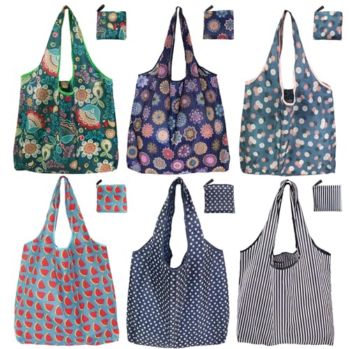 Reusable Grocery Bags, 6 Pack 50Lbs Foldable Fashion Washable Shopping Bags, Large Boho Tote Bags For Groceries, Bulk Market Cloth Storage Bags, Utility Aesthetic Personalized Gifts For Women - color: Boho 6 Pack