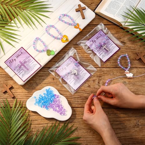 Liliaafar 24 Sets Easter Crafts Holy Week Bead Bracelet Craft Kits with Card Easter Party Favors DIY Holy Week Sunday Beaded Gifts Religious Christian Bracelet Kits for Spring Art Gifts