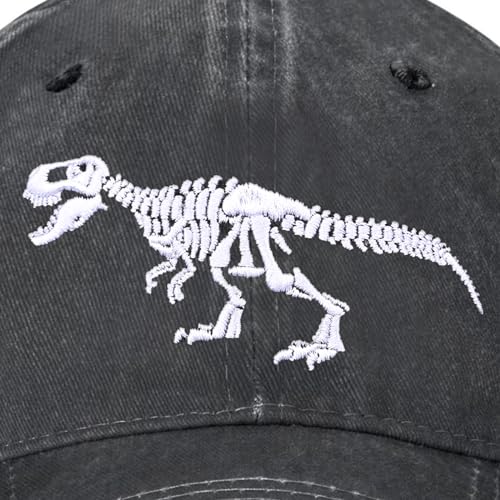 Embroidered Baseball Cap for Women Men Vintage Adjustable Washed Distressed Denim Baseball Hat - color: Dinosaur Skeleton