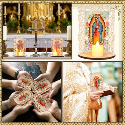 Bucherry 12 Pcs Our Lady of Guadalupe Wooden Statues with Flameless LED Tea Candle Virgen De Guadalupe Picture Frames Baptism Favors First Communion Party Favors Catholic Recuerdos De Bautizo Decor