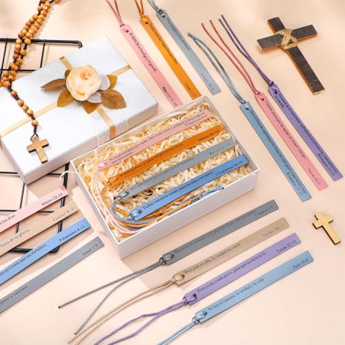 Skyygemm 20 Pcs Christian Leather Bookmarks Gifts for Men Women Bulk Spanish Christian Bible Bookmarks Bible Verses Gifts for Book Club(Morandi Color)