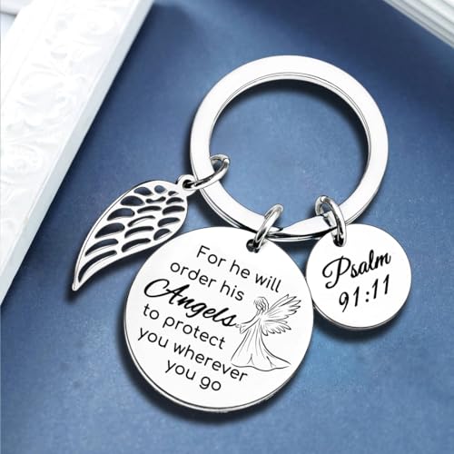 Bible Verse Keychain for He Will Order His Angels to Protect You Wherever You Go Religious Gifts for Women Men Inspirational Gifts Christian Keychain Christmas Baptism Gift Jewelry