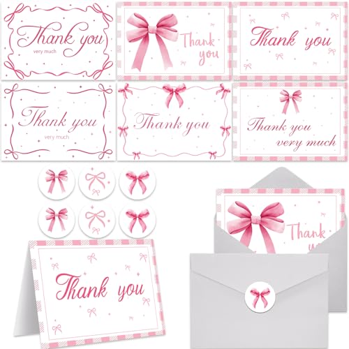 60 Pieces Pink Bow Thank You Cards with Envelopes Coquette Theme Thank You Cards with Bow Stickers for Wedding Bridal Baby Shower Birthday Party - color: Pink Bow