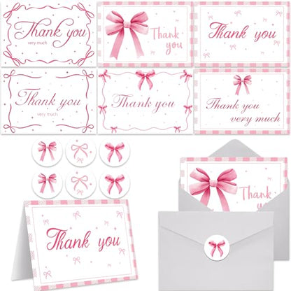60 Pieces Pink Bow Thank You Cards with Envelopes Coquette Theme Thank You Cards with Bow Stickers for Wedding Bridal Baby Shower Birthday Party - color: Pink Bow