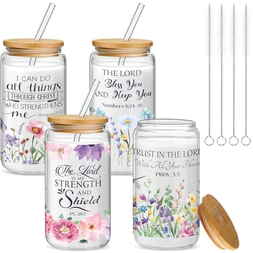 Mumufy 4 Pack Bible Verse Glass Cup, 16 oz Tumbler Mug with Bamboo Lid - style: Bible Verse