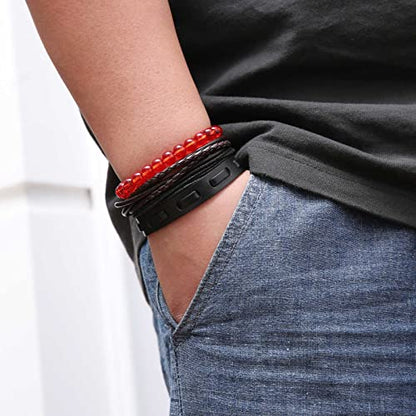 HZMAN Handmade Hemp Cords Wood Beads Leather Bracelets for Men Women - style: Red Onyx Stone