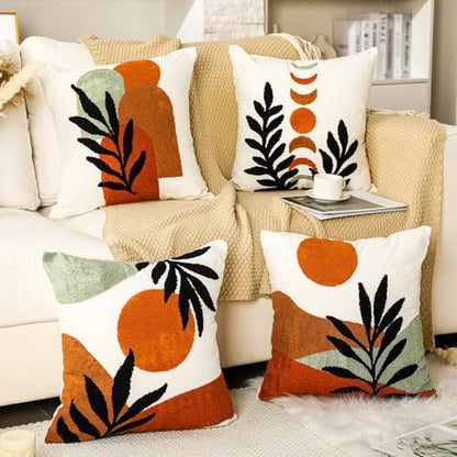 Mixweer 4 Pcs Boho Pillow Covers Set, 18 x 18 Inch Embroidered Pillow Cases, Sunset Leaf Mountain Boho Style Square Throw Cushion Cover for Couch Sofa Bed Bohemian Home Decor - style: Bohemian