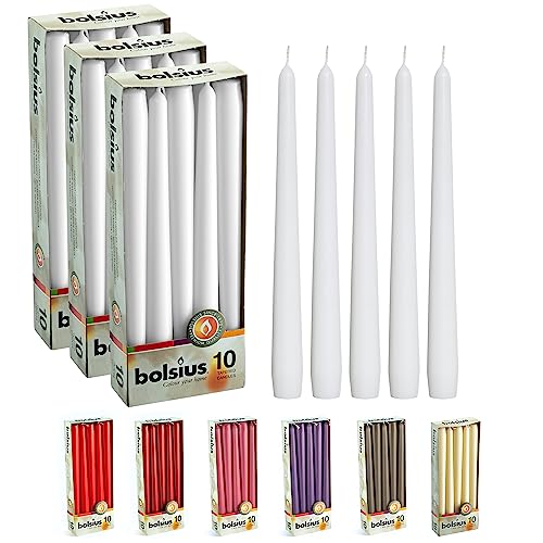 BOLSIUS Long Household White Taper Candles - 10-inch Unscented Premium Quality Wax - 8 Hours Long Burning Dripless Candles Bulk Pack of 30 for Home Decor, Wedding, Parties and Special Occasions - color: White, size: 30 Count