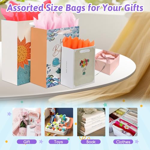 8 Pack Happy Birthday Gift Bags with Handles Tissue Paper Assorted Sizes