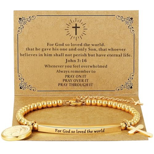 DS Women Christian Charm Bracelet,Cross Scripture Stainless Steel Jewelry - style: For God so loved the world-Gold