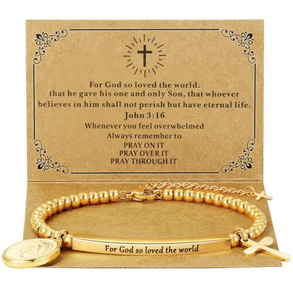 DS Women Christian Charm Bracelet,Cross Scripture Stainless Steel Jewelry - style: For God so loved the world-Gold