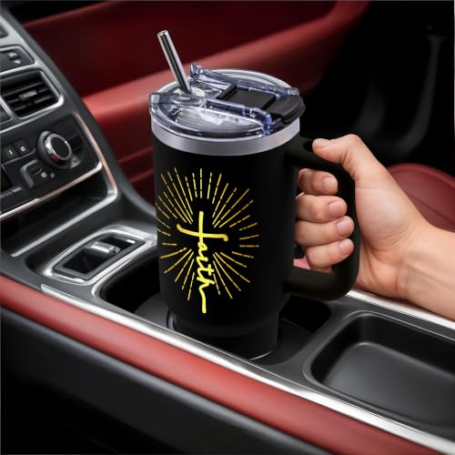 Christian Gifts for Men, Jesus 40 oz Tumbler with Handle & Straw - color: Black-Cross-NX