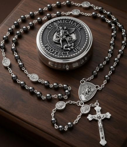 Nazareth Store St Michael Rosary Hematite Stone Beads Necklace Metal Beaded Glory Beads Archangel Medal & Cross with Metal Gift Box - color: Antique Silver | St Michael