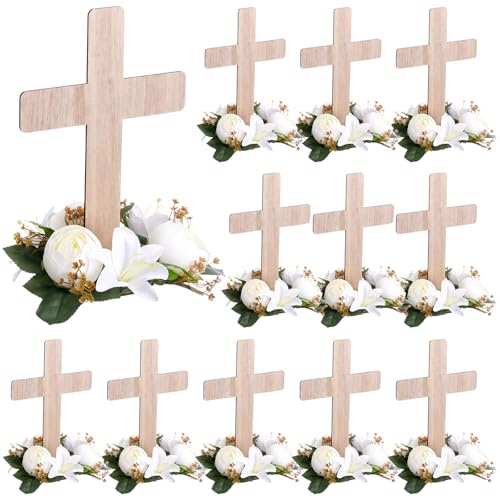 12 Sets Baptism Centerpieces Table Decorations First Communion Wooden Cross Ornament Set with Lily Candle Ring Wreath Purple Ribbon with Stands for Baptism Baby Shower Wedding (Wood) - color: Wood