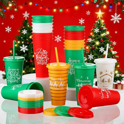 24 Set Christian Cups Gift Bulk Christmas Cups with Lid Straw Bow 24oz
