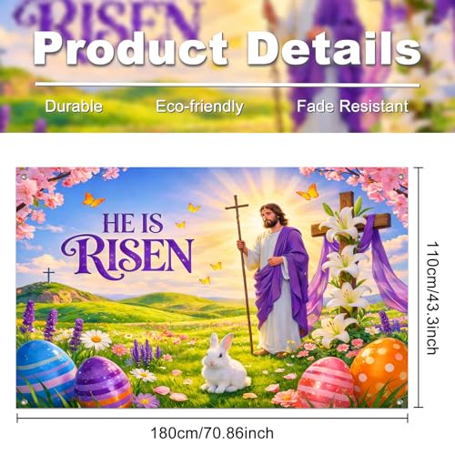 IVN He Is Risen Easter Banner 71x43 Inch Christian Jesus Cross Lilies Eggs - color: He Is Risen Jesus Cross Religious Easter