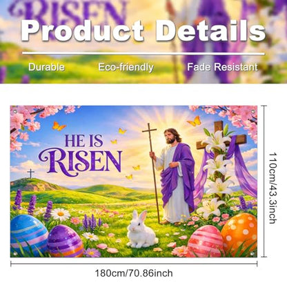 IVN He Is Risen Easter Banner 71x43 Inch Christian Jesus Cross Lilies Eggs - color: He Is Risen Jesus Cross Religious Easter