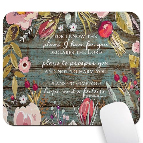for I Know The Plans I Have for You Mouse Pad, Rustic Wood Floral Desk Mat - color: Bean Green