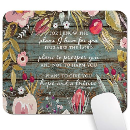 for I Know The Plans I Have for You Mouse Pad, Rustic Wood Floral Desk Mat - color: Bean Green