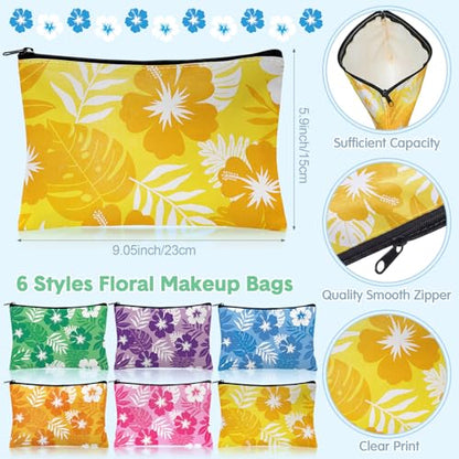 Patelai 6 Sets Hibiscus Canvas Tote Bags with Makeup Bags Women Gifts Set - style: Hibiscus Flower and Palm Leaves