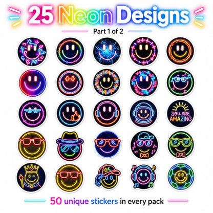 Neon Smiley Face Stickers for Kids, 50 Pcs, 2.12 Inch Waterproof - color: Neon Smiley